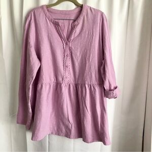 Denim & Company  D&C Pink Knit Henley baby doll roll-tab lace trim tunic Top 1XL